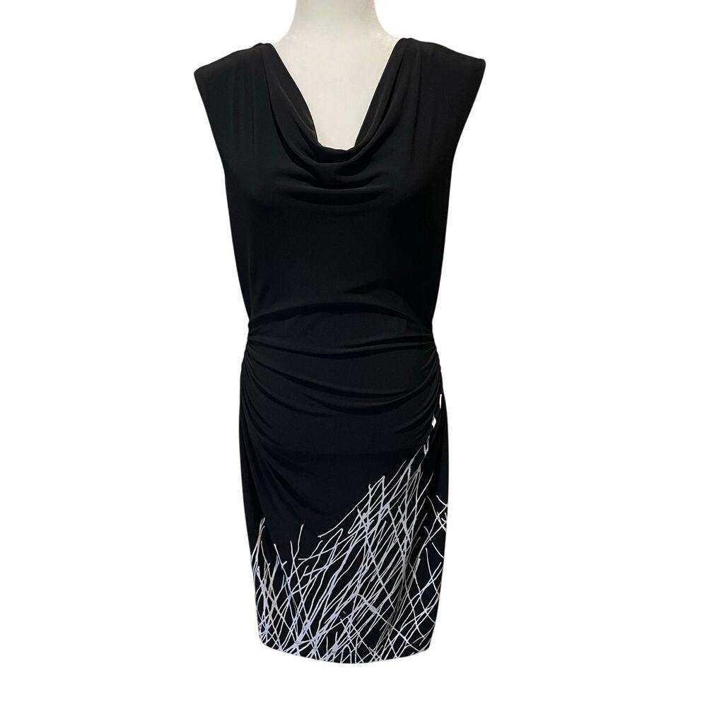 Calvin Klein Sheath Midi Dress Black White Abstract Sz 8 Cowl Neck Ruched Chic